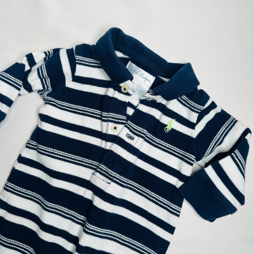 Ralph Lauren Long Sleeve Navy & White Striped Jumpsuit Romper Sz 3mo